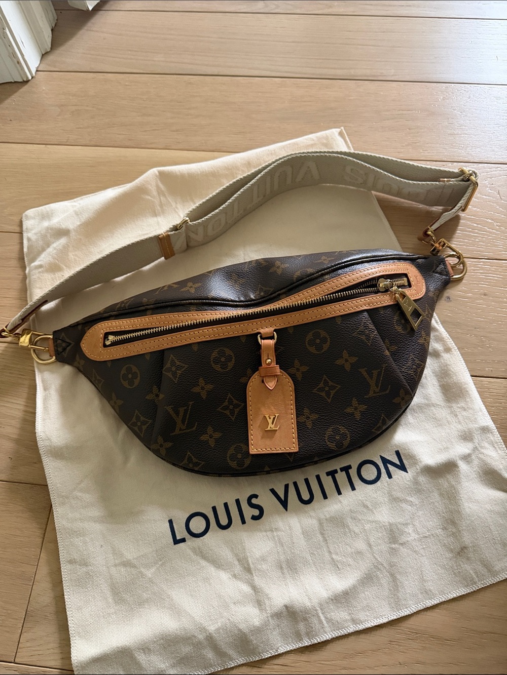 Louis Vuitton Monogram Canvas Brown Crossbody Belt Bag with Tan Leather Trim